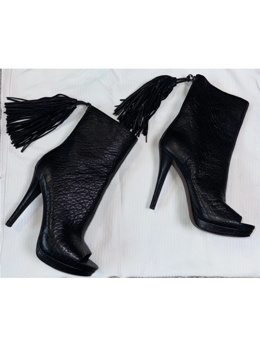 Vera Wang Lavender Label Boots 7M Black Leather Peep Toe Tassel Stiletto Heels